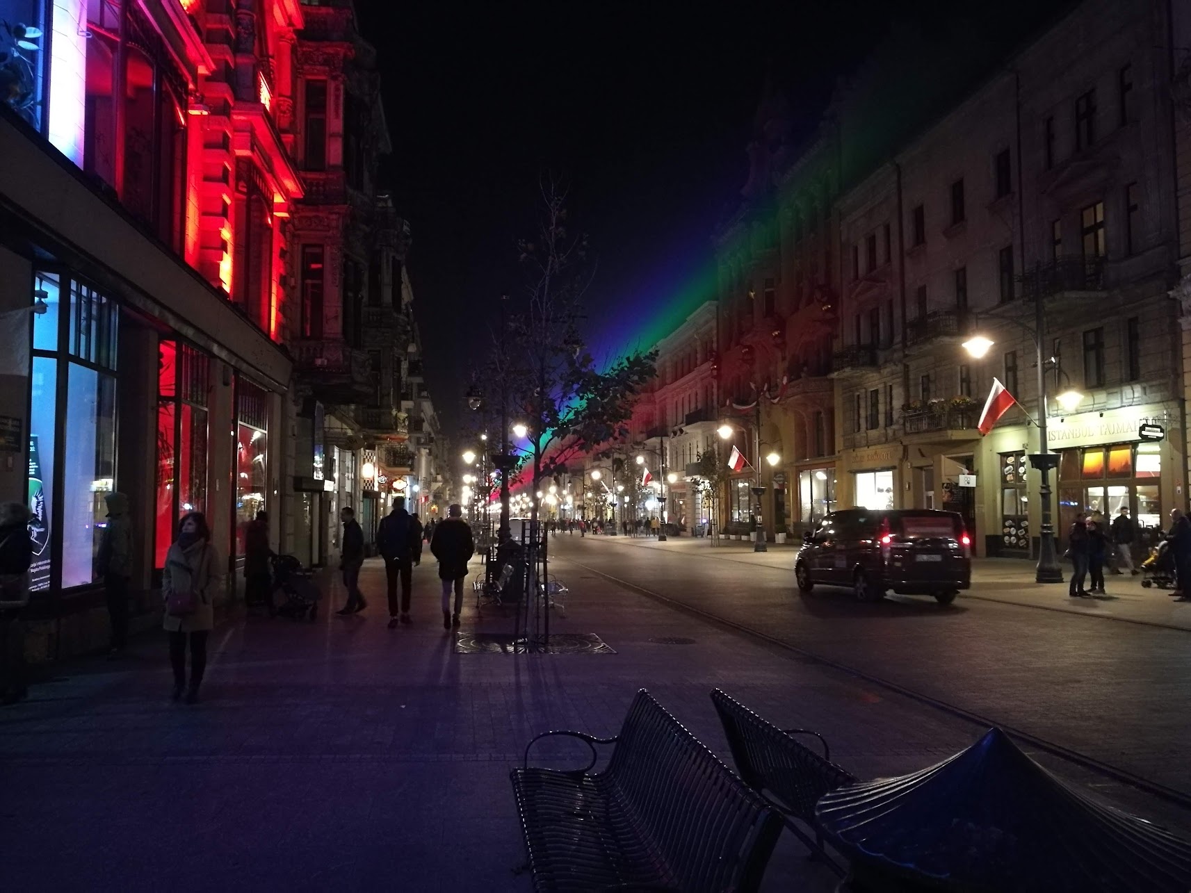 A Polish street with lights projected down it
