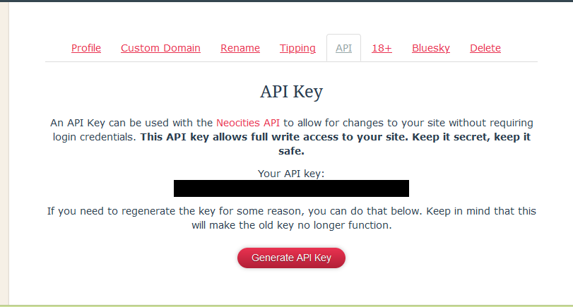 Neocities API key page