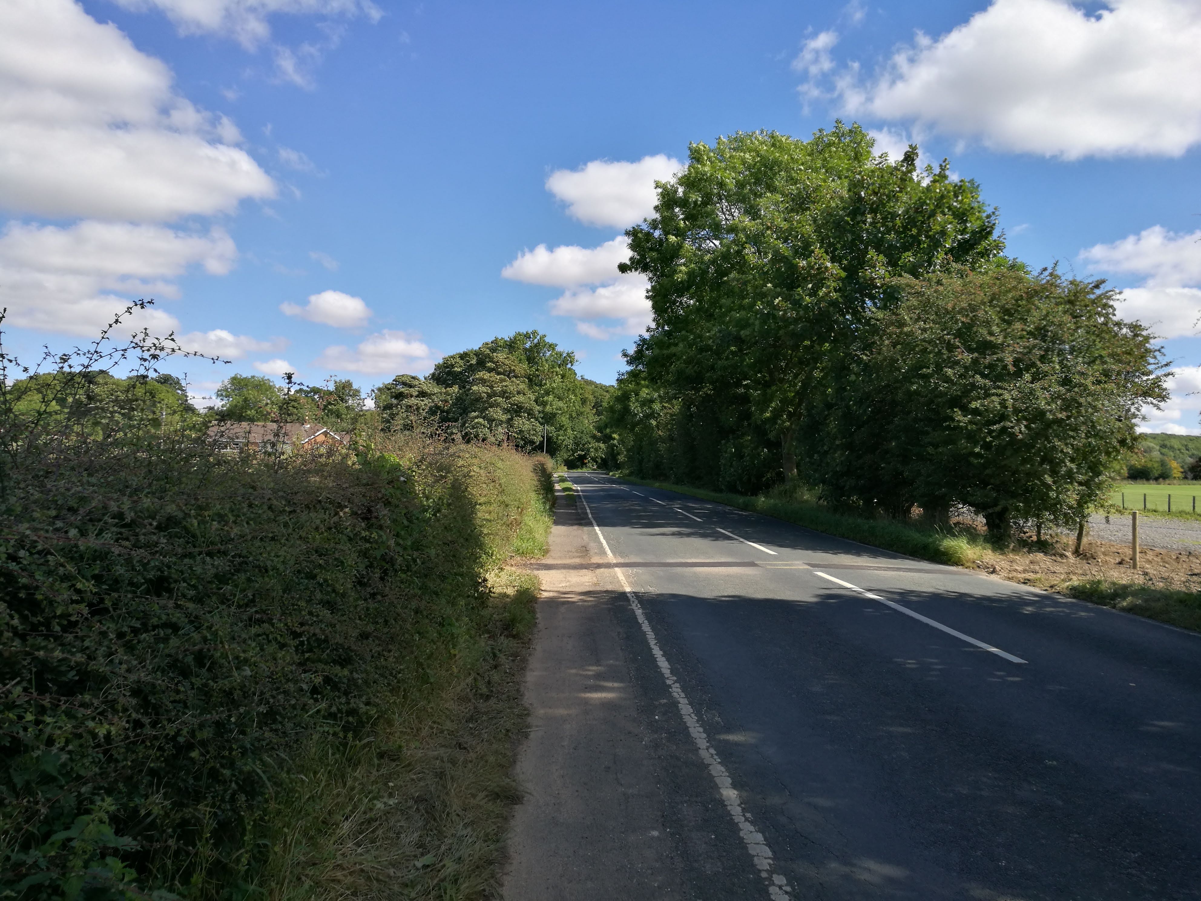A straight road comes from the bottom right corner and heads up to the centre. It's surrounded by hedgerows and trees.